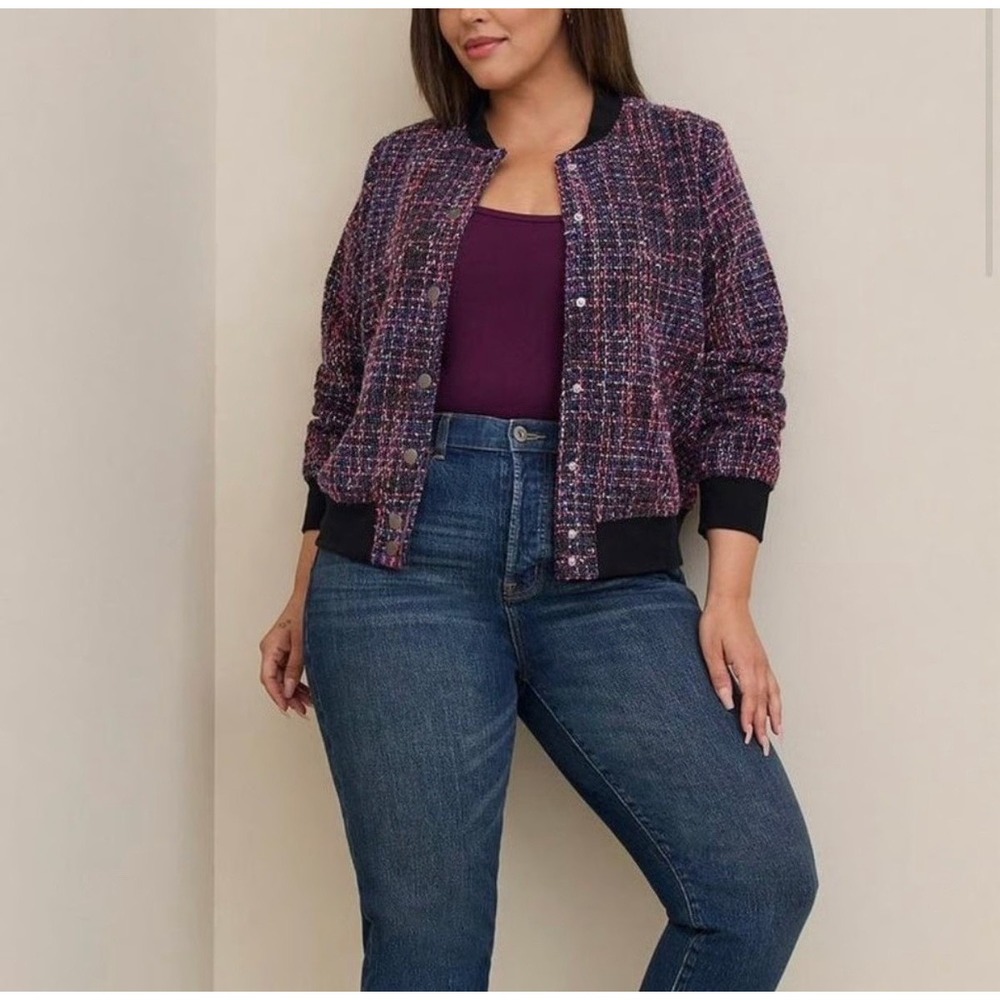 NWT Torrid Womens Tweed Varsity Bomber Jacket Multi Color Purple Pink 3X 3 22-24